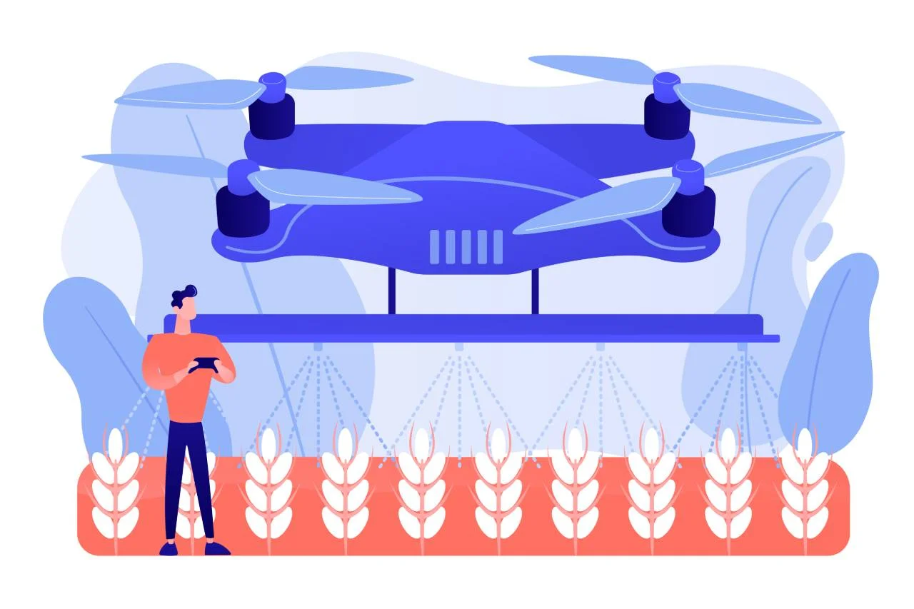 Drone realizando pulverização em plantação