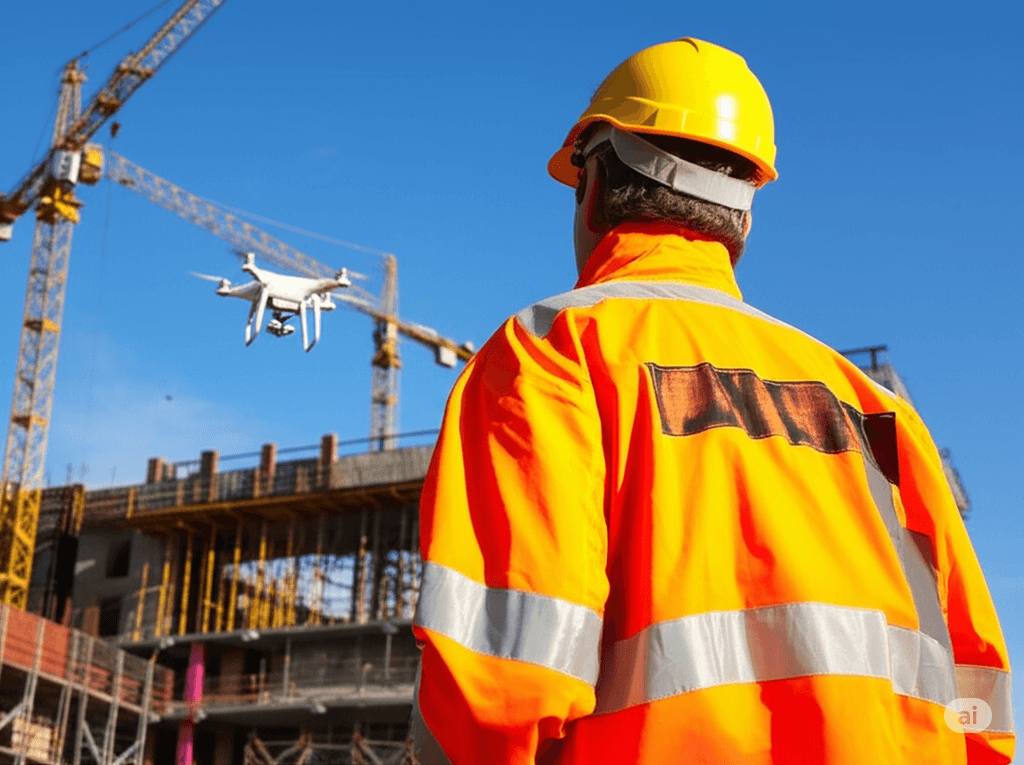 Gestor de obras analisando relatório de acompanhamento de obra com drones em um tablet, com a construção ao fundo em Salvador.